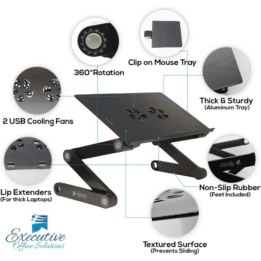 Executive Office Solutions Portable Adjustable Aluminum Laptop Desk Stand Table Vented w CPU Fans Mouse Pad Side Mount-Notebook