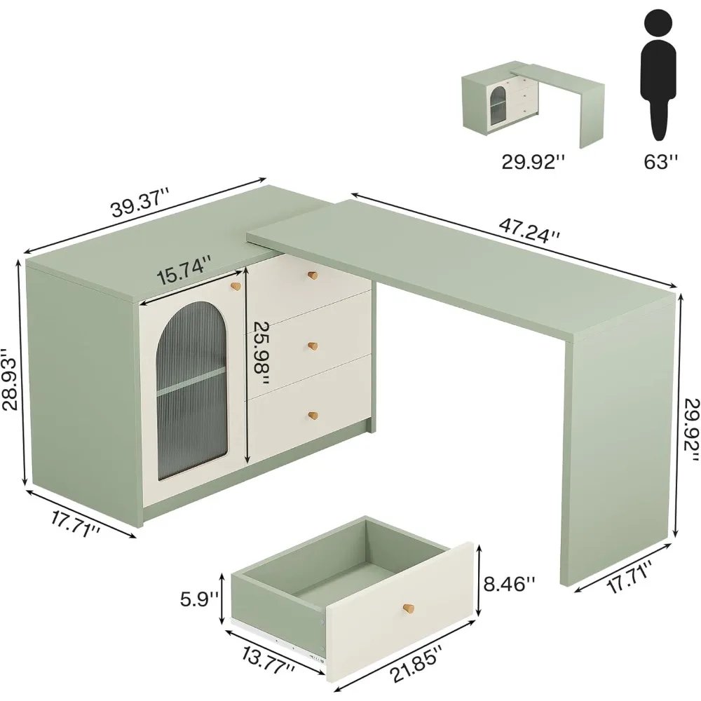 L-Shaped Computer Desk with Drawers, Modern Corner Home Office Desk with Reversible Storage Cabinet, Long Study Writing Desk Wo
