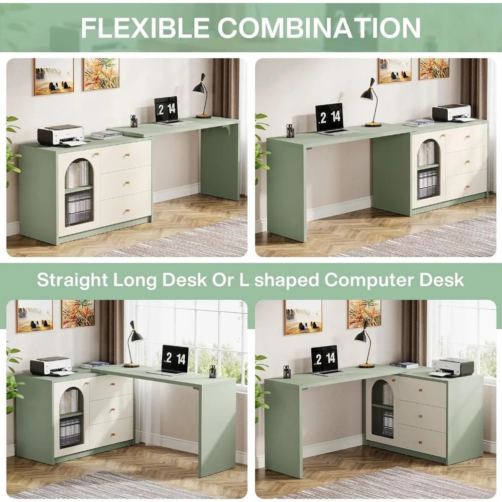L-Shaped Computer Desk with Drawers, Modern Corner Home Office Desk with Reversible Storage Cabinet, Long Study Writing Desk Wo