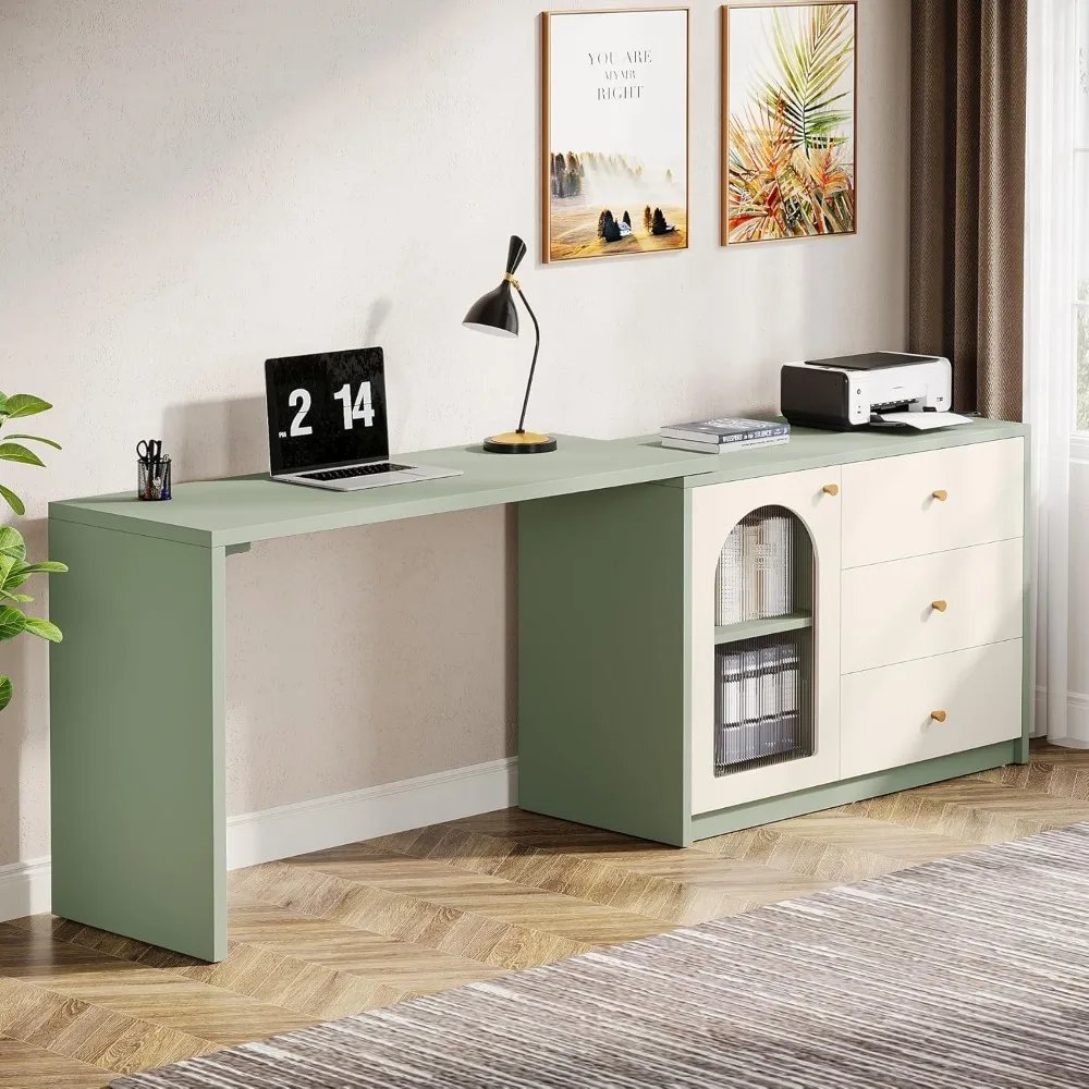 L-Shaped Computer Desk with Drawers, Modern Corner Home Office Desk with Reversible Storage Cabinet, Long Study Writing Desk Wo