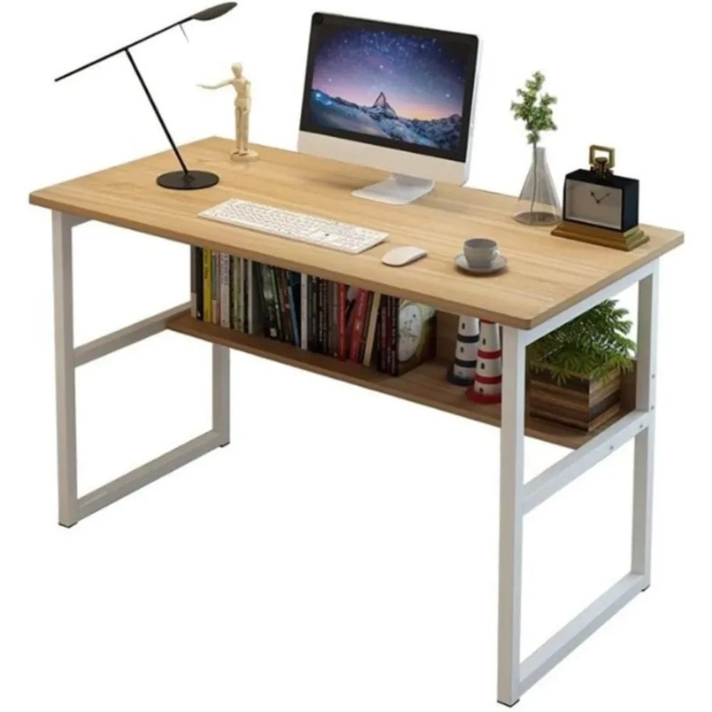 Computer Desk with Bookshelf, 44in Wood Office Writing Desk with Storage Shelves Modern Laptop Table Study Table Workstation