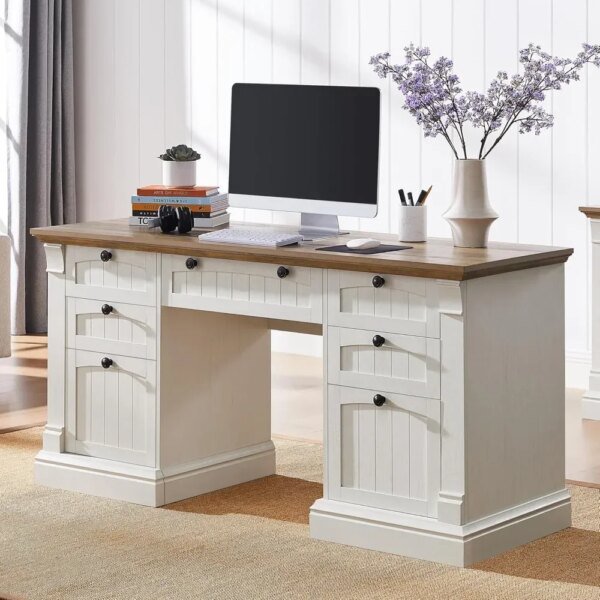 60" Executive Desk with Drawers, Farmhouse Home Office Desk with Charging Station, Keyboard Tray, File Cabinet Storage, Wood