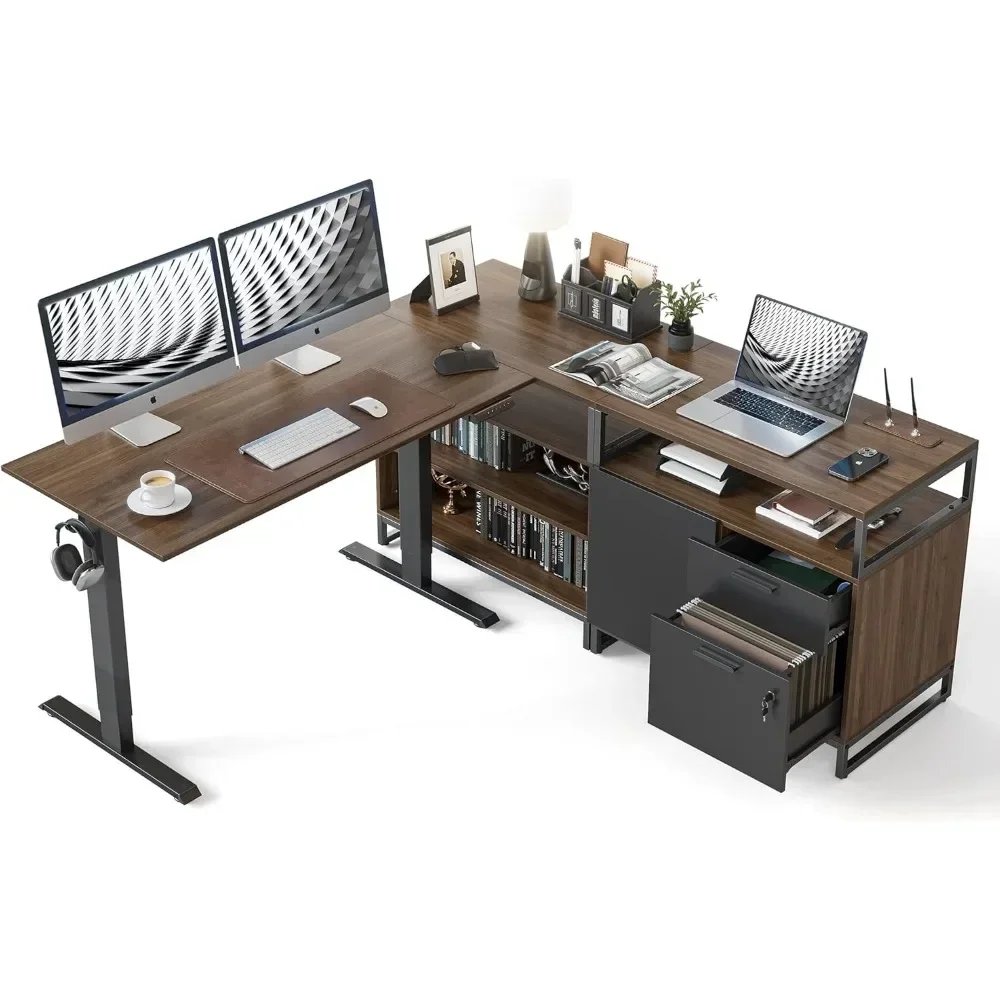 66 Inch L Shaped Executive Standing Desk with File Cabinet & Shelves, Electric Height Adjustable