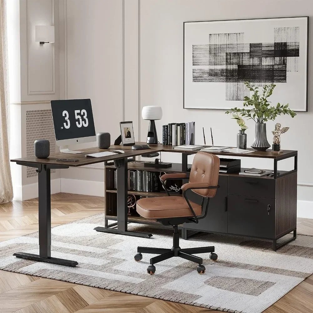 66 Inch L Shaped Executive Standing Desk with File Cabinet & Shelves, Electric Height Adjustable