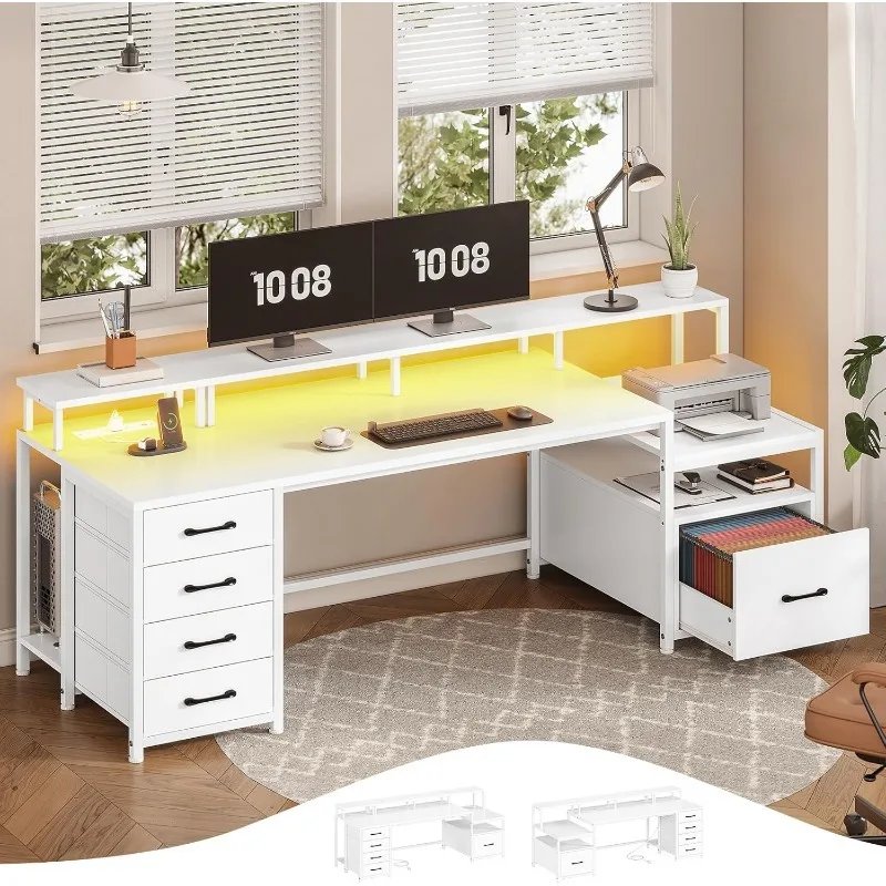 SEDETA White Computer Desk 5 Drawer Power Outlet, Home Office Desk File Drawer, Storage Shelves, Printer Cabinet Monitor Shelf