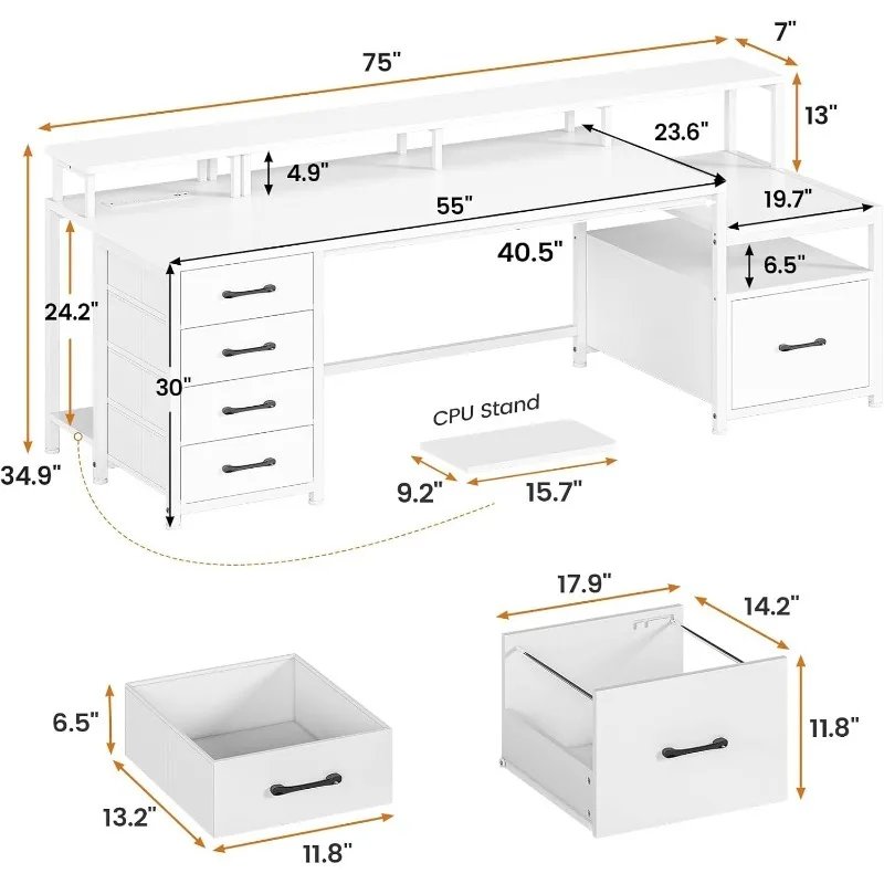 SEDETA White Computer Desk 5 Drawer Power Outlet, Home Office Desk File Drawer, Storage Shelves, Printer Cabinet Monitor Shelf
