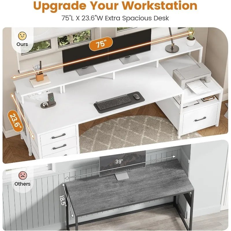 SEDETA White Computer Desk 5 Drawer Power Outlet, Home Office Desk File Drawer, Storage Shelves, Printer Cabinet Monitor Shelf