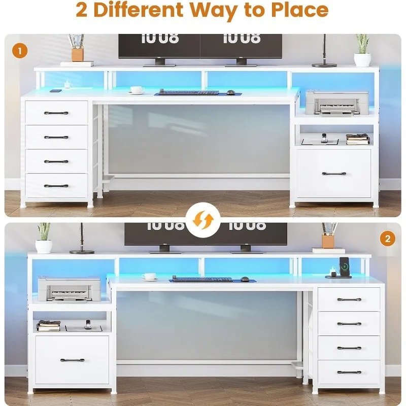 SEDETA White Computer Desk 5 Drawer Power Outlet, Home Office Desk File Drawer, Storage Shelves, Printer Cabinet Monitor Shelf