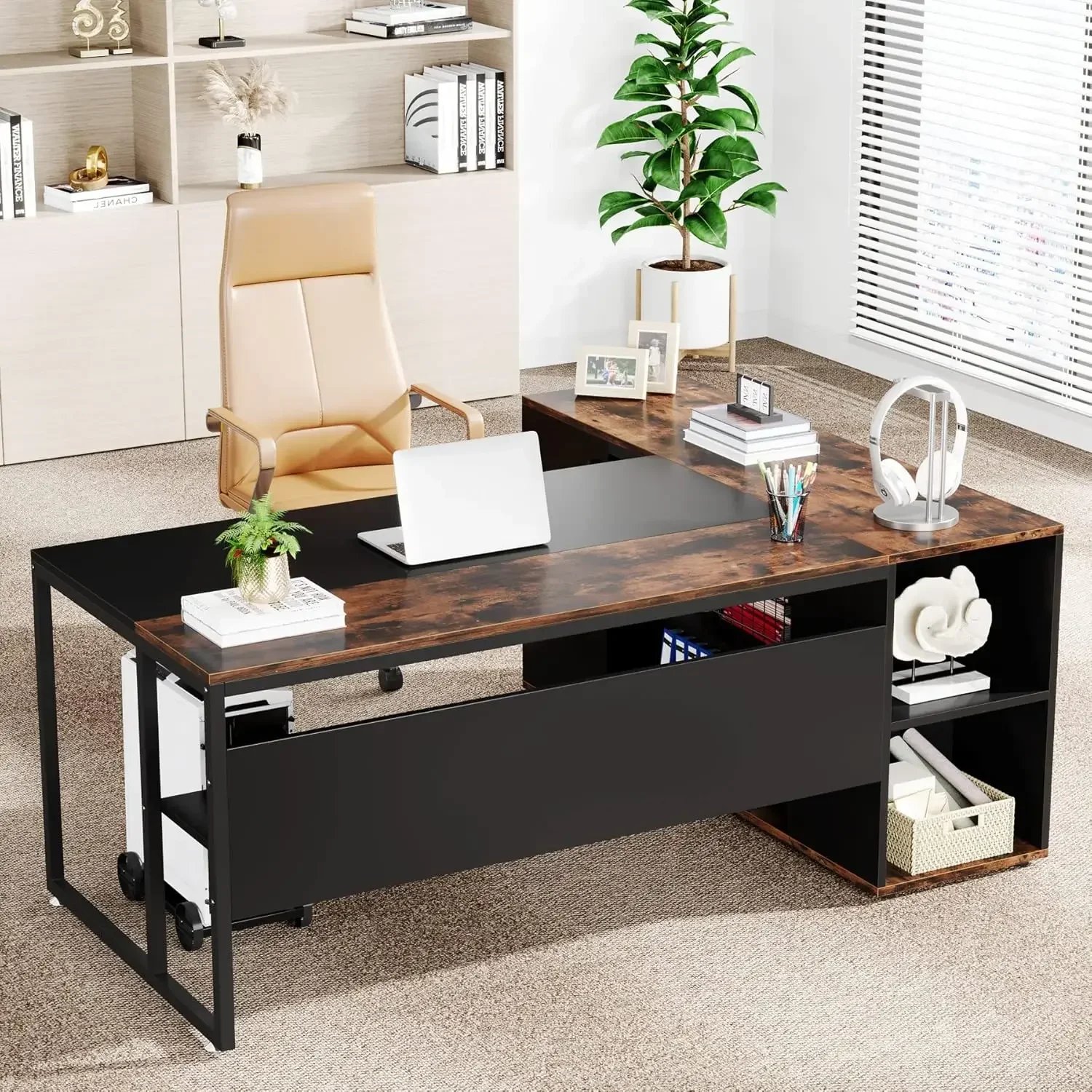 71 inch Executive Desk, L Shaped Desk with Cabinet Storage, Executive Office Desk with Shelves, Business Brown and Black