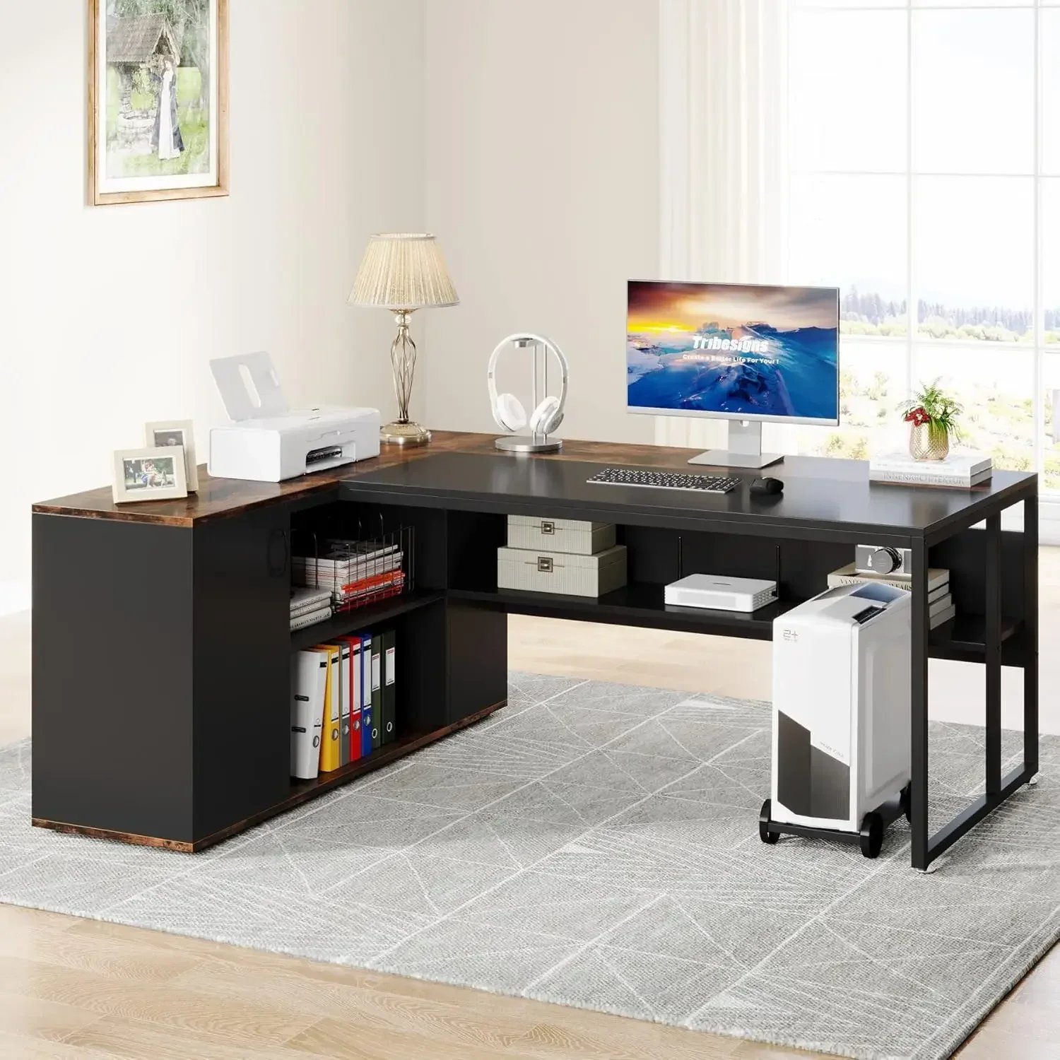 71 inch Executive Desk, L Shaped Desk with Cabinet Storage, Executive Office Desk with Shelves, Business Brown and Black