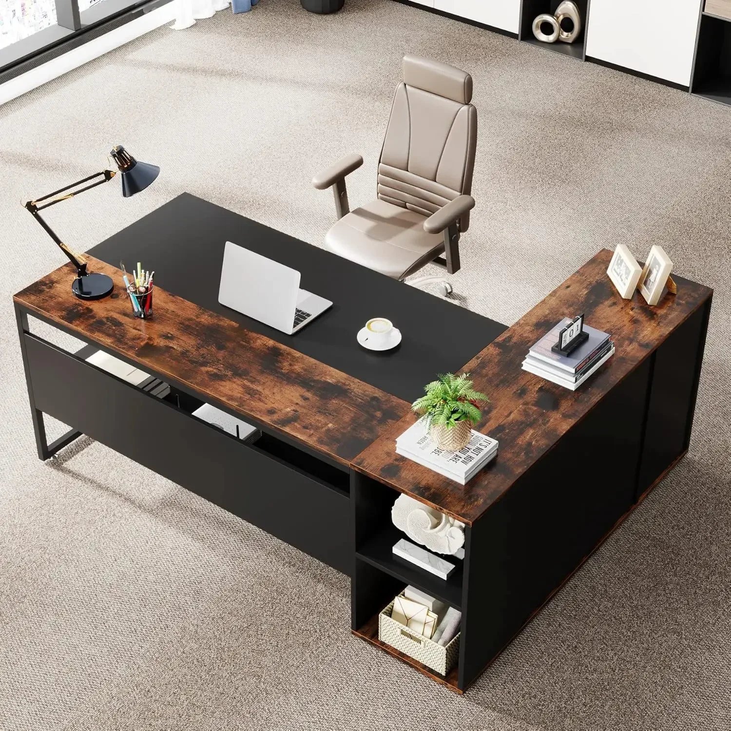 71 inch Executive Desk, L Shaped Desk with Cabinet Storage, Executive Office Desk with Shelves, Business Brown and Black