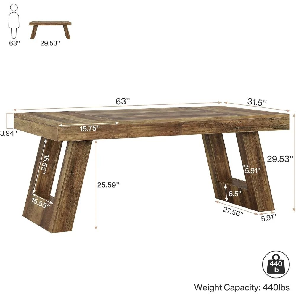 63 Inches Wood Executive Desk, Large Home Office Computer Desk with Double Pedestal, Industrial Study Writing Table, Business W