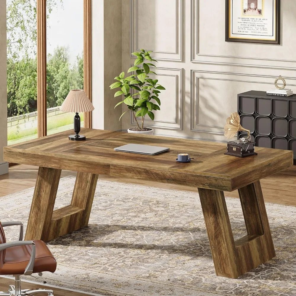 63 Inches Wood Executive Desk, Large Home Office Computer Desk with Double Pedestal, Industrial Study Writing Table, Business W