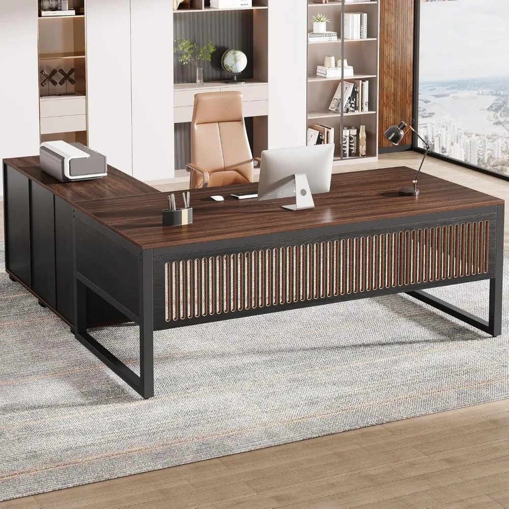 63-Inch L-Shaped Desk, Modern Executive Desk with Mobile File Cabinet, Large Office Desk with Door Storage Cabinet and Drawer,