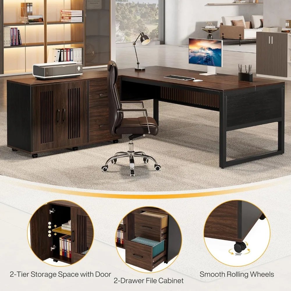 63-Inch L-Shaped Desk, Modern Executive Desk with Mobile File Cabinet, Large Office Desk with Door Storage Cabinet and Drawer,