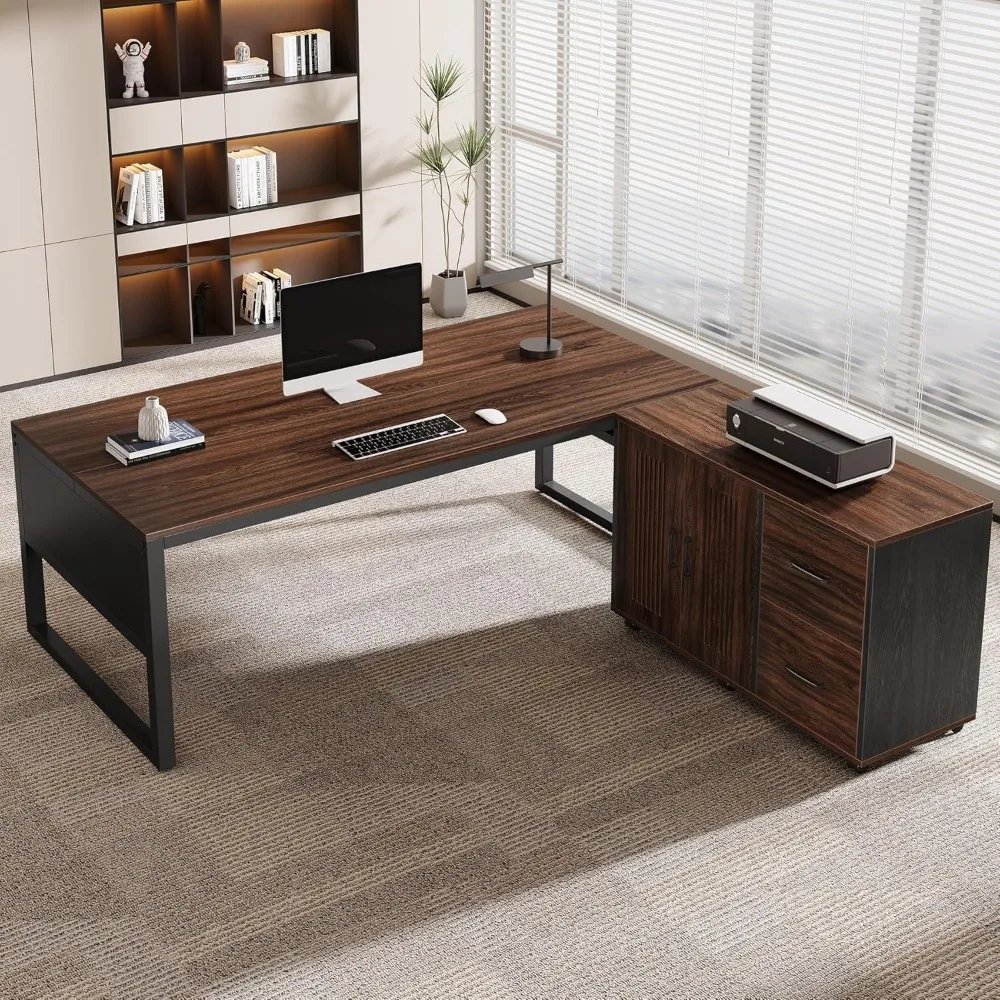 63-Inch L-Shaped Desk, Modern Executive Desk with Mobile File Cabinet, Large Office Desk with Door Storage Cabinet and Drawer,