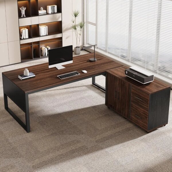 63-Inch L-Shaped Desk, Modern Executive Desk with Mobile File Cabinet, Large Office Desk with Door Storage Cabinet and Drawer,