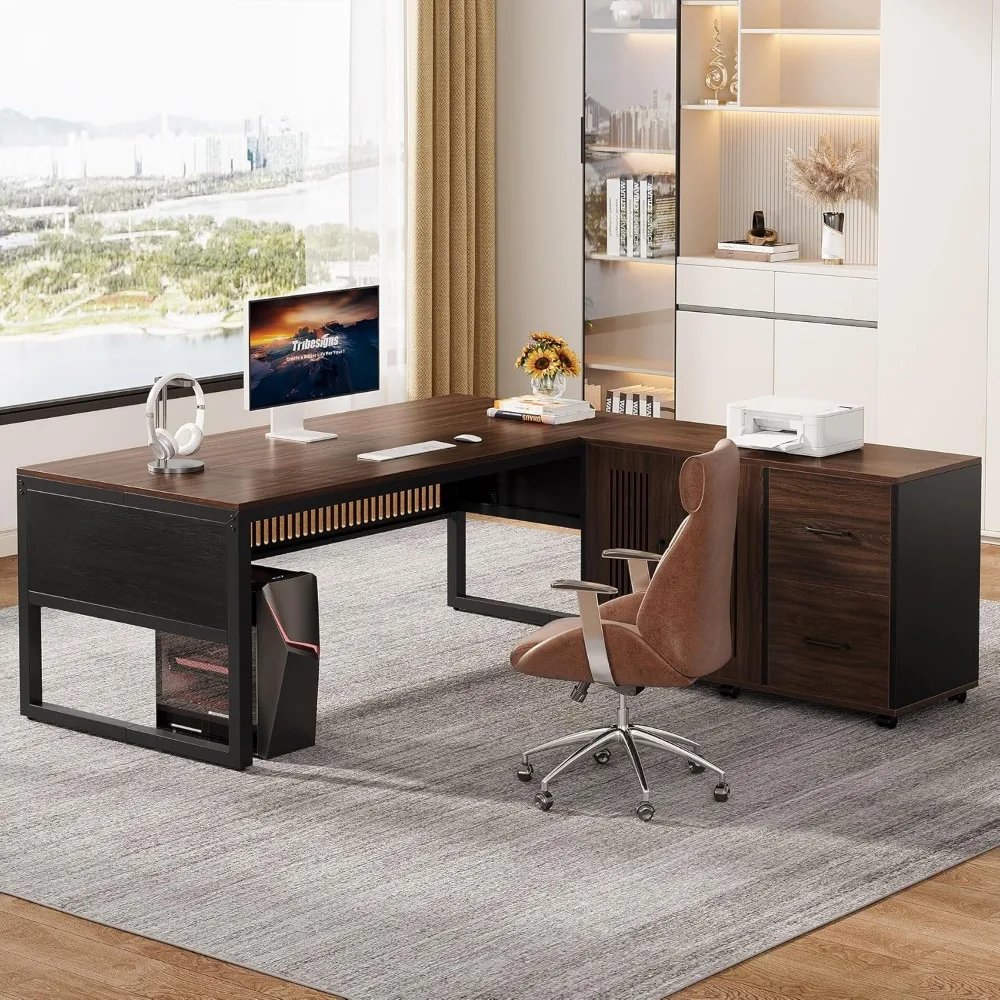 63-Inch L-Shaped Desk, Modern Executive Desk with Mobile File Cabinet, Large Office Desk with Door Storage Cabinet and Drawer,