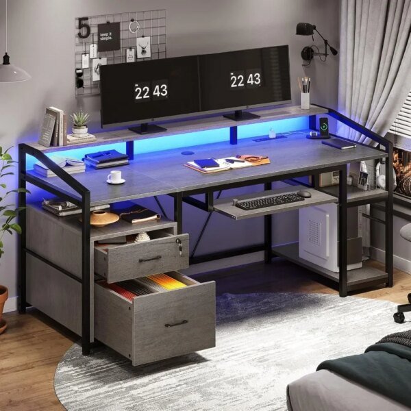 63" Computer Desk, Office Desk with Lockable Drawers for Legal/Letter File, Gaming Desk with LED Lights & Power Outlet, H