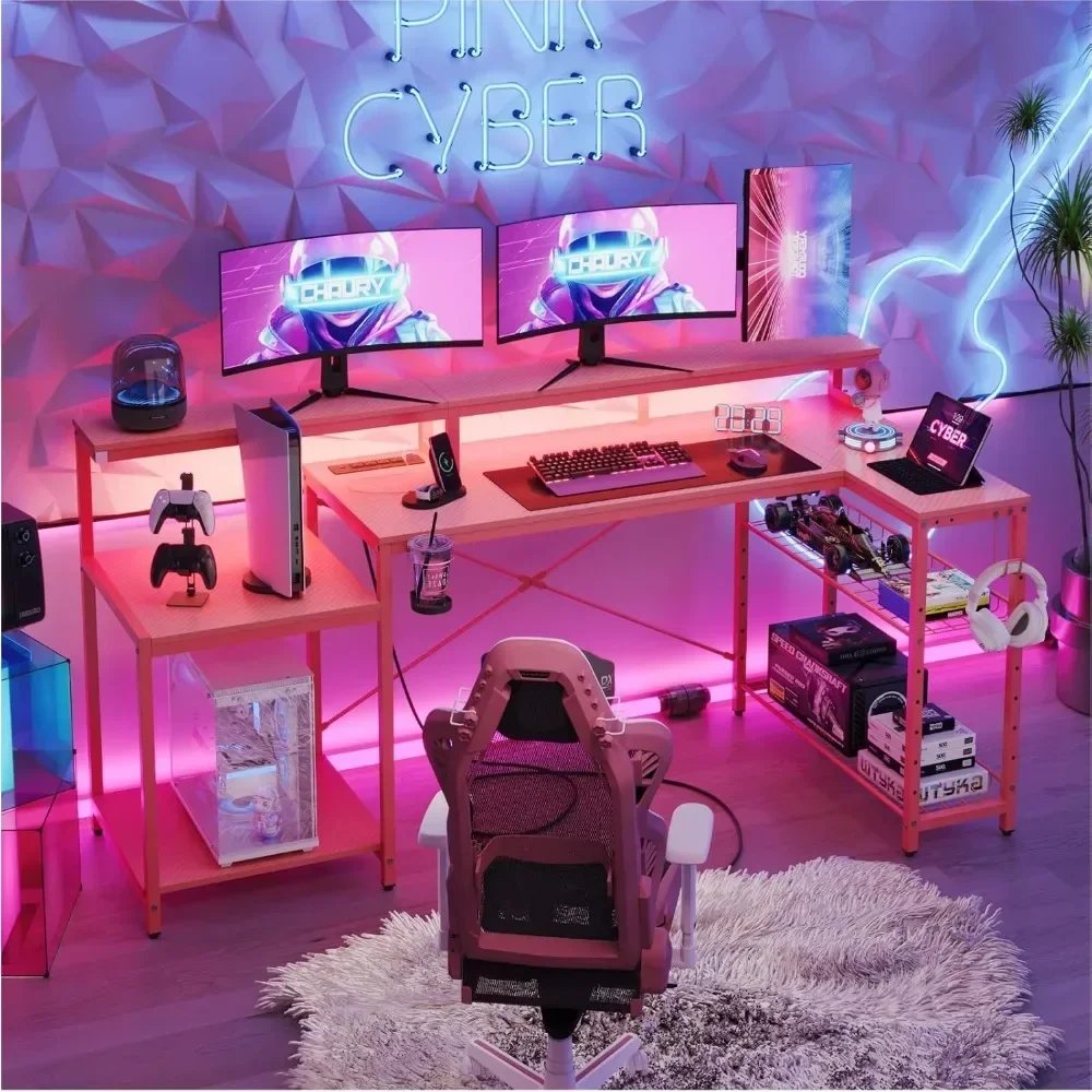 Gaming Desk with Power Outlet, Large LED Computer Desk with Monitor Stand, L Shaped Desk with Storage Shelf, Cup Holder