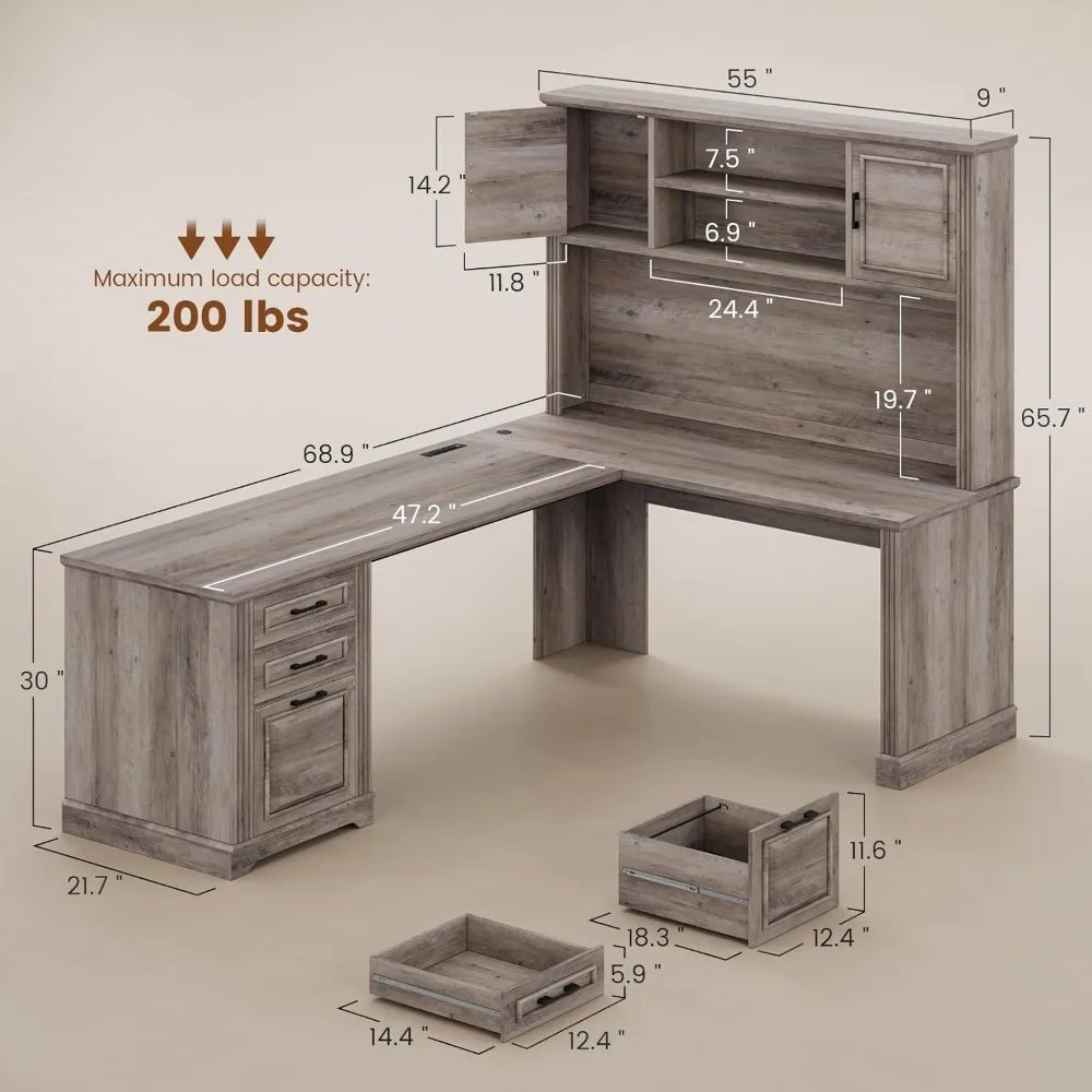 Farmhouse Executive L Shaped Desk, Home Office Desk with File Drawer and Power Outlet, Computer Corner Desk with Hutch and Draw