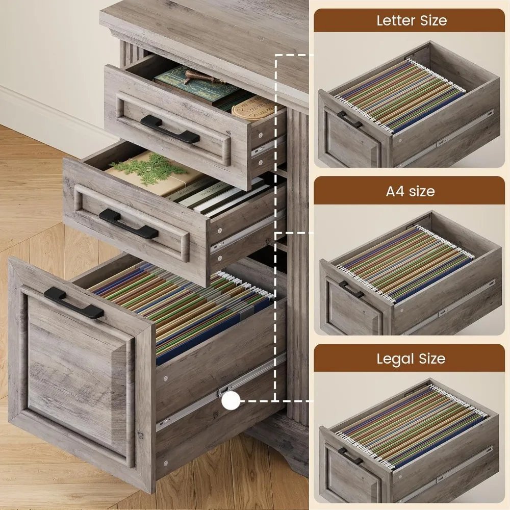Farmhouse Executive L Shaped Desk, Home Office Desk with File Drawer and Power Outlet, Computer Corner Desk with Hutch and Draw