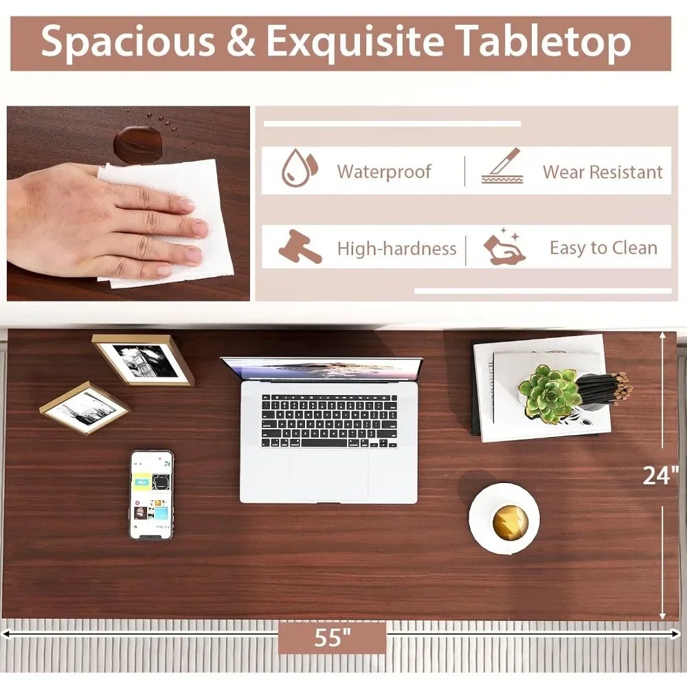 4.5FT Conference Table, 55” x 24” Large Meeting Room Table W/Heavy Duty Steel Frame, Modern Computer Desk for Home, Offi