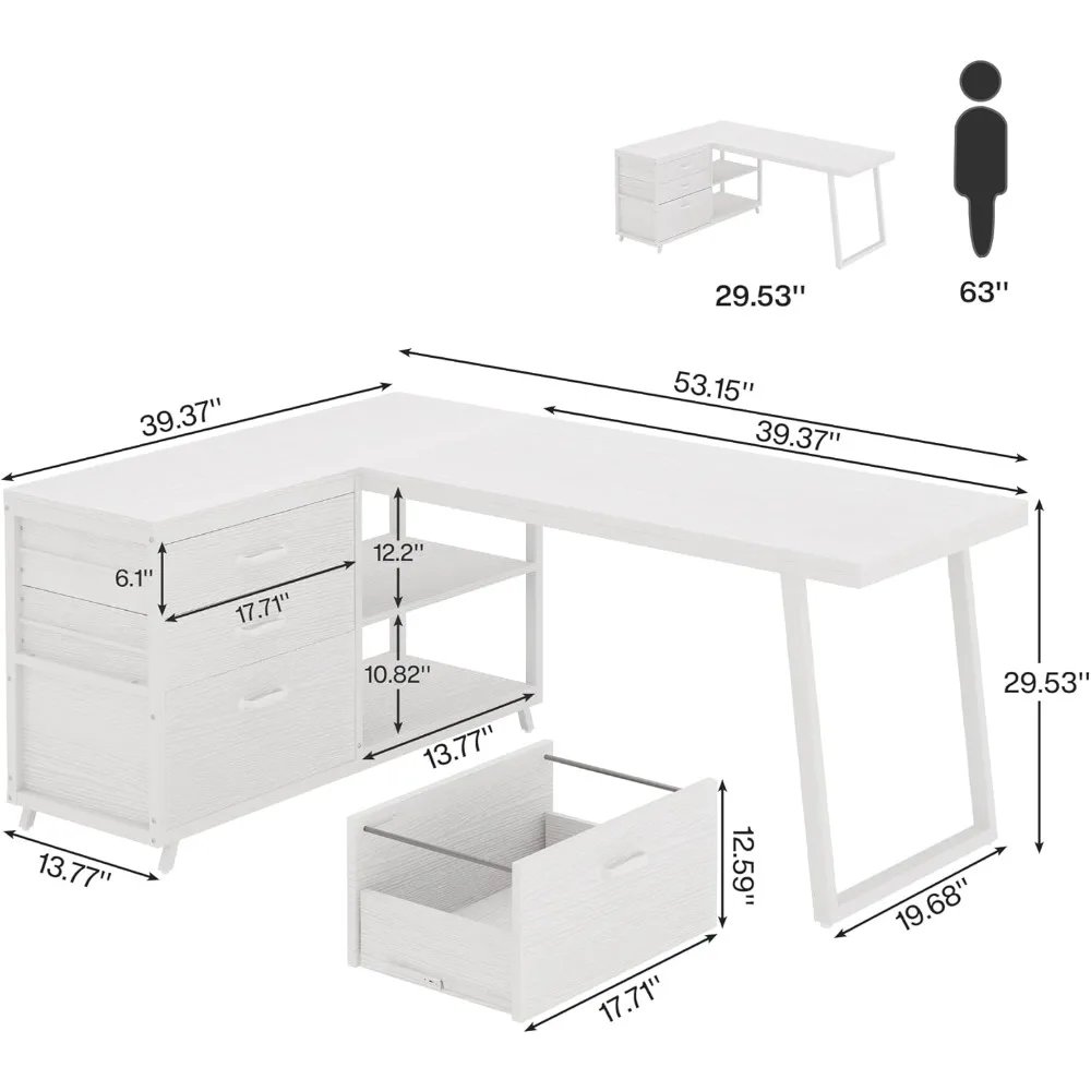 L-Shaped Computer Desk with 3 Drawers, Reversible Corner Home Office Desk with Shelves, 53-Inch Industrial PC Desk Study Writin