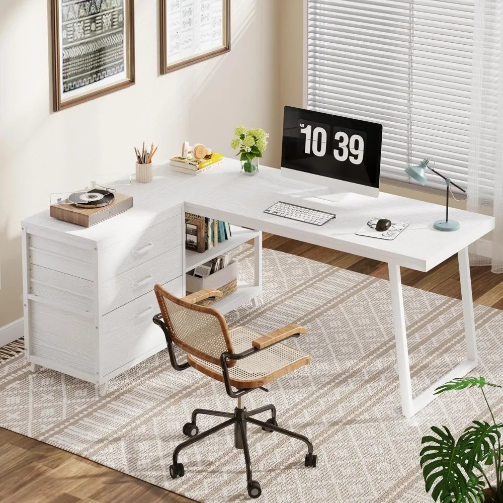L-Shaped Computer Desk with 3 Drawers, Reversible Corner Home Office Desk with Shelves, 53-Inch Industrial PC Desk Study Writin