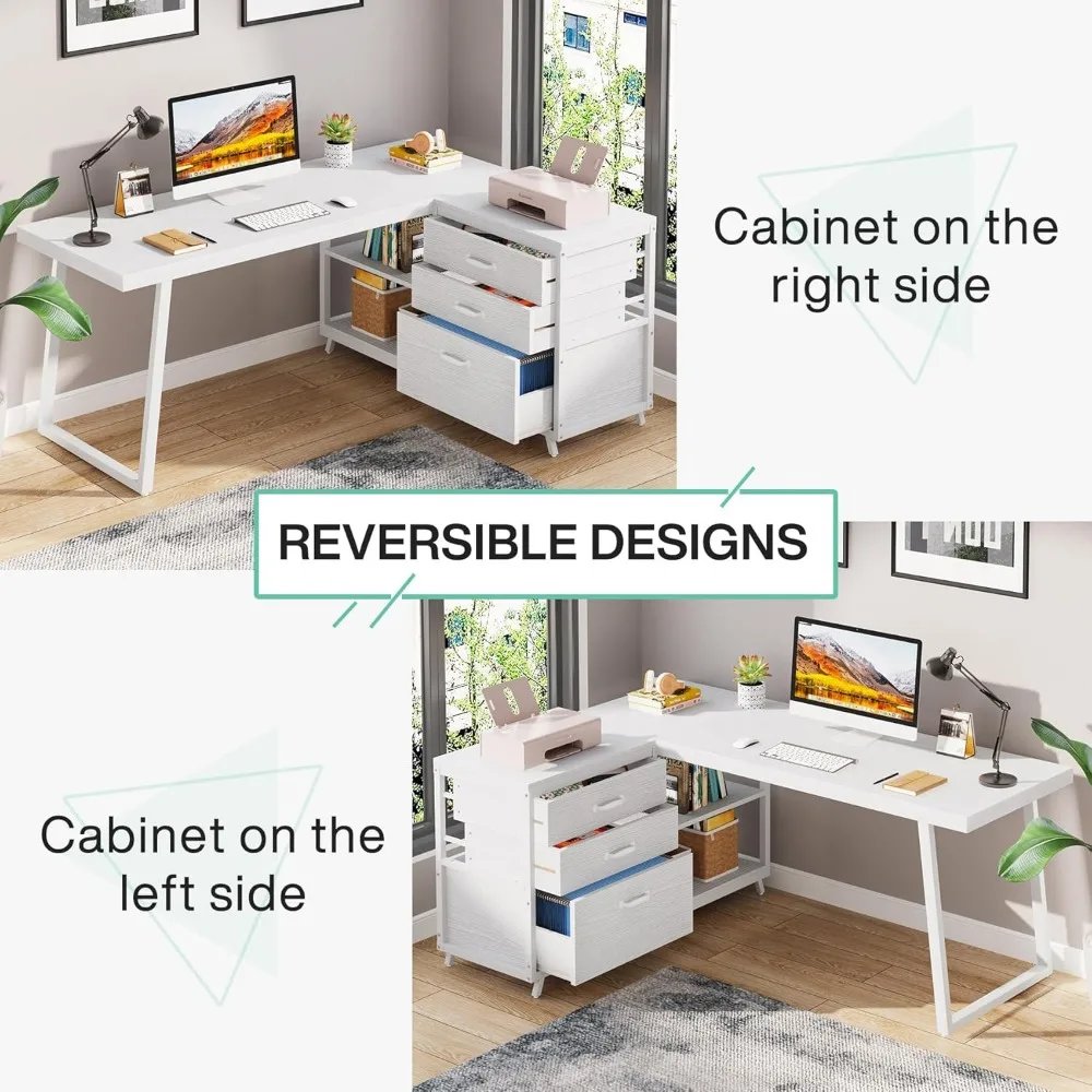 L-Shaped Computer Desk with 3 Drawers, Reversible Corner Home Office Desk with Shelves, 53-Inch Industrial PC Desk Study Writin