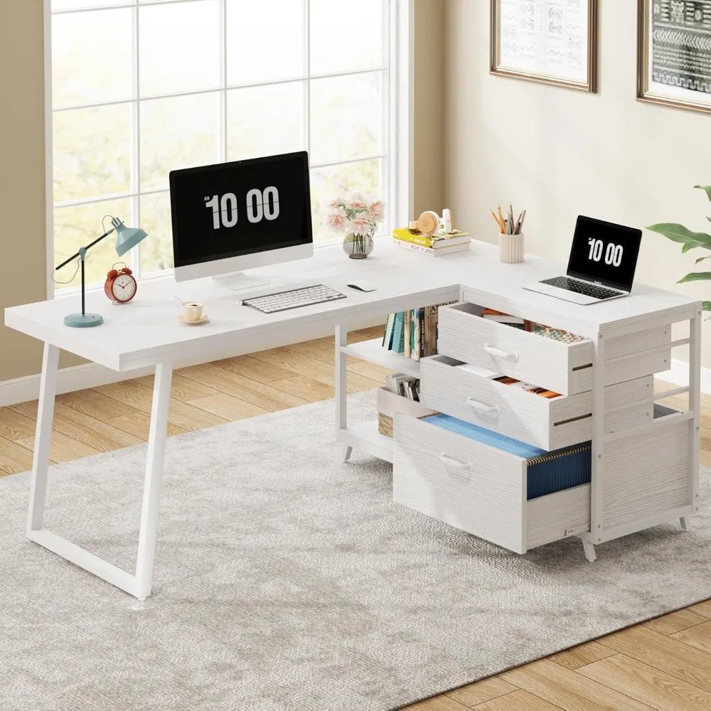 L-Shaped Computer Desk with 3 Drawers, Reversible Corner Home Office Desk with Shelves, 53-Inch Industrial PC Desk Study Writin