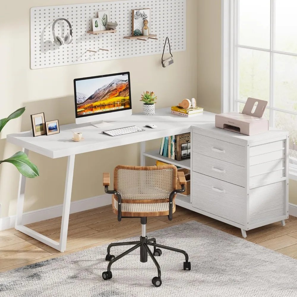L-Shaped Computer Desk with 3 Drawers, Reversible Corner Home Office Desk with Shelves, 53-Inch Industrial PC Desk Study Writin