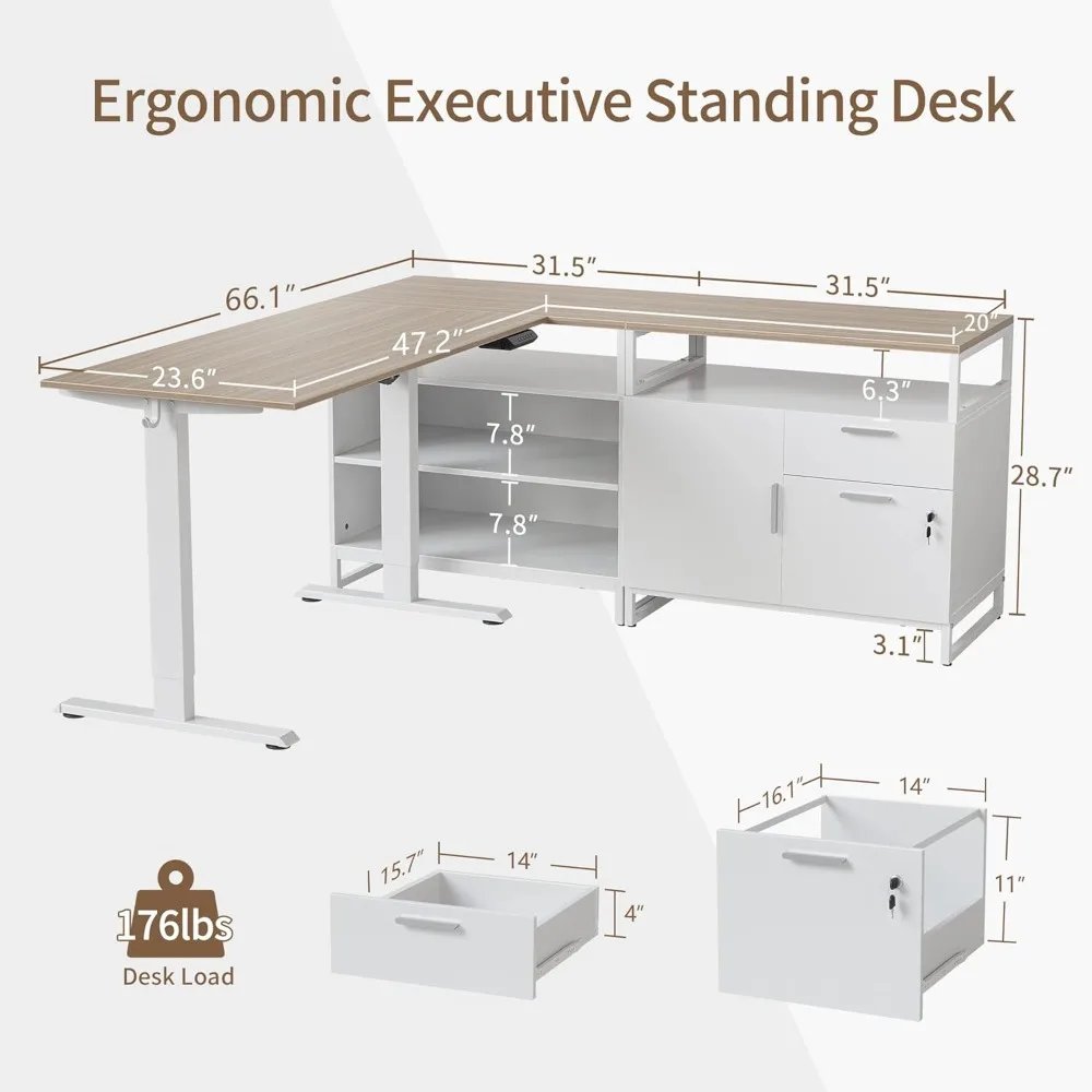 66 Inches L Shaped Standing Desk with Drawers & Shelves, Executive Desk Adjustable Height Desk, Light Walnut Top/White Frame