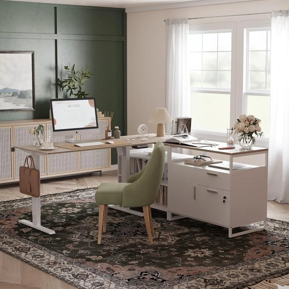 66 Inches L Shaped Standing Desk with Drawers & Shelves, Executive Desk Adjustable Height Desk, Light Walnut Top/White Frame