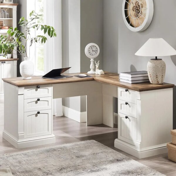 60" L Shaped Executive Desk with Drawers, Farmhouse Home Office Desk with Charging Station, File Cabinet Storage, Wood Corner C