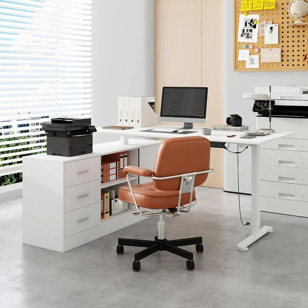 L-Shaped Standing Desk with Drawers and Shelves, 63 x 31.5 inches Electric Standing Desk, 29”-44” Height, Adjustable Desk with