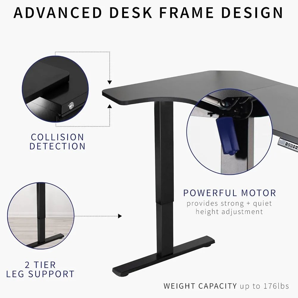 Electric Corner 58 x 35 in L-Shaped Standing Desk, Memory Height Adjustment, Reversible Black Top, Black Frame, DESK-KIT-1BRB