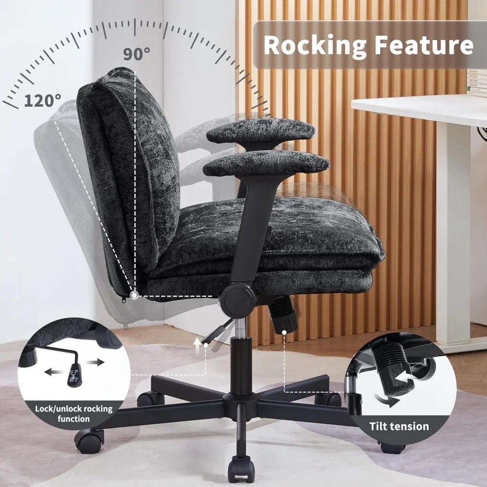Cross Legged Office Chair with Wheels and Adjustable Flip-Arms, Criss Cross Desk Chair with Thick Cushion, Wide Seat Office Chai