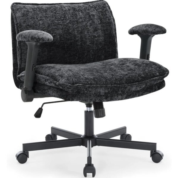 Cross Legged Office Chair with Wheels and Adjustable Flip-Arms, Criss Cross Desk Chair with Thick Cushion, Wide Seat Office Chai
