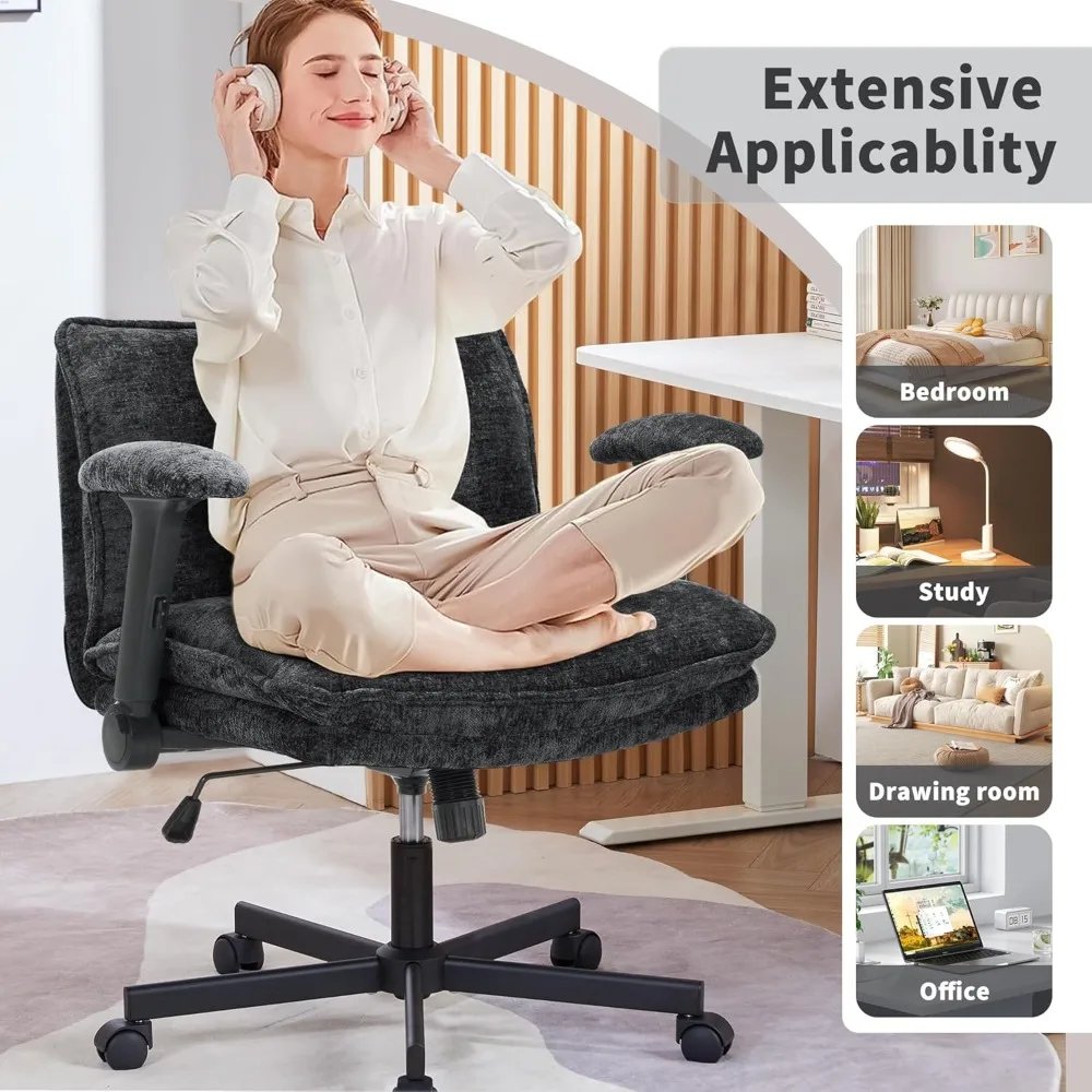 Cross Legged Office Chair with Wheels and Adjustable Flip-Arms, Criss Cross Desk Chair with Thick Cushion, Wide Seat Office Chai