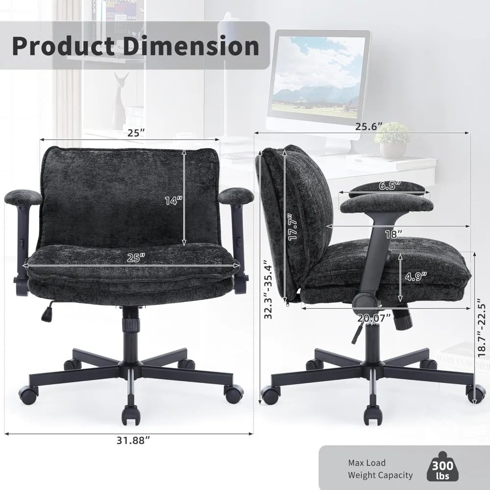 Cross Legged Office Chair with Wheels and Adjustable Flip-Arms, Criss Cross Desk Chair with Thick Cushion, Wide Seat Office Chai