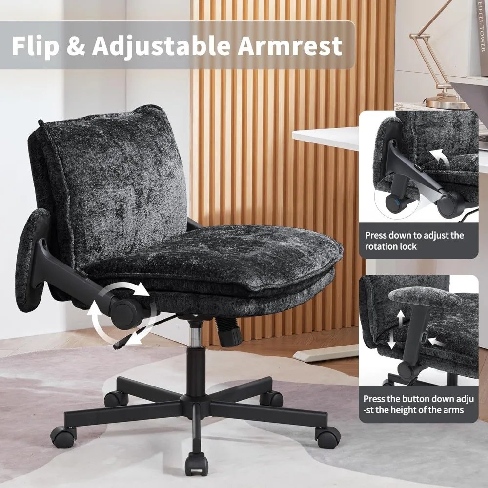 Cross Legged Office Chair with Wheels and Adjustable Flip-Arms, Criss Cross Desk Chair with Thick Cushion, Wide Seat Office Chai
