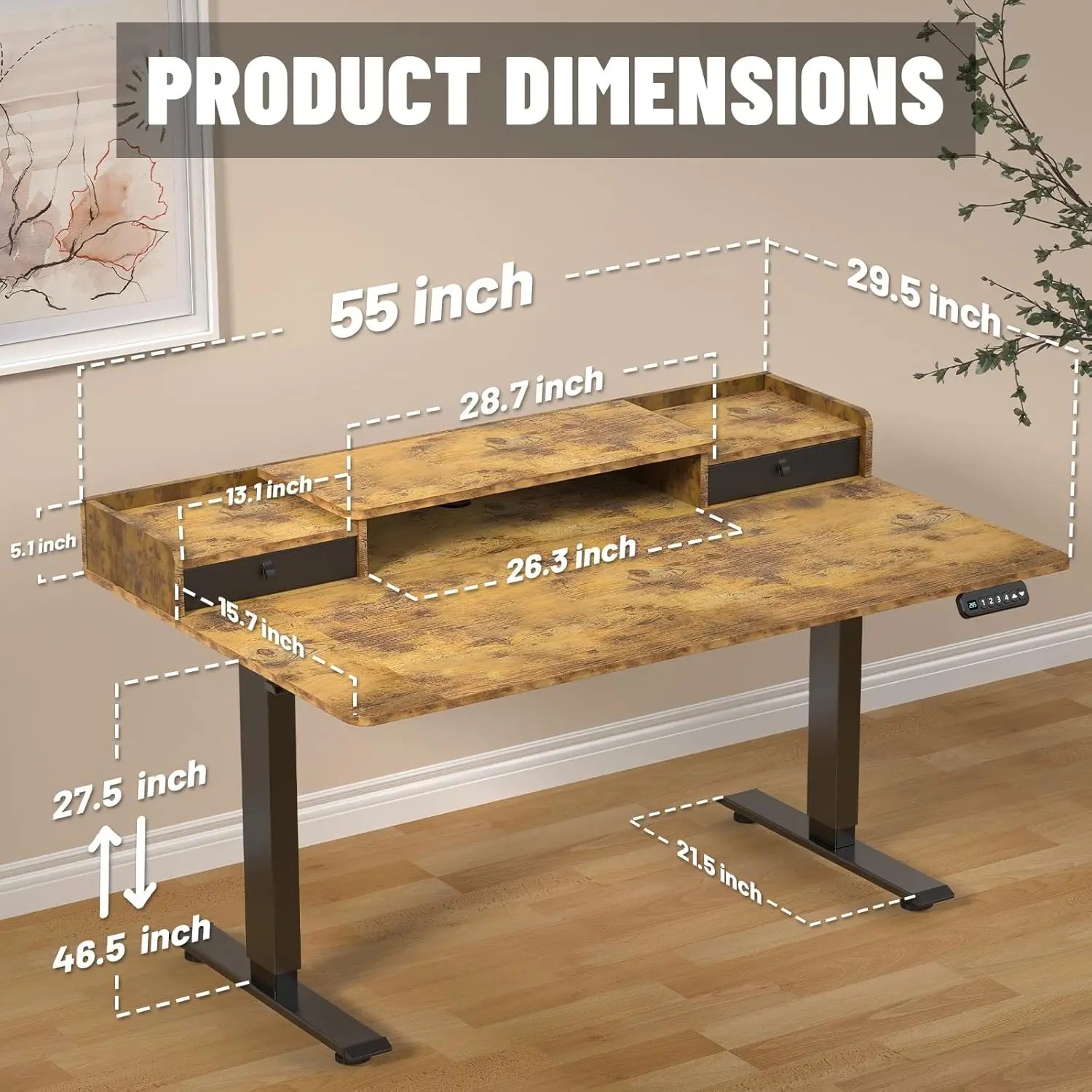 55×30 Inch Electric Standing Desk with 2 Drawers, Adjustable Height Widened Stand Up Desk