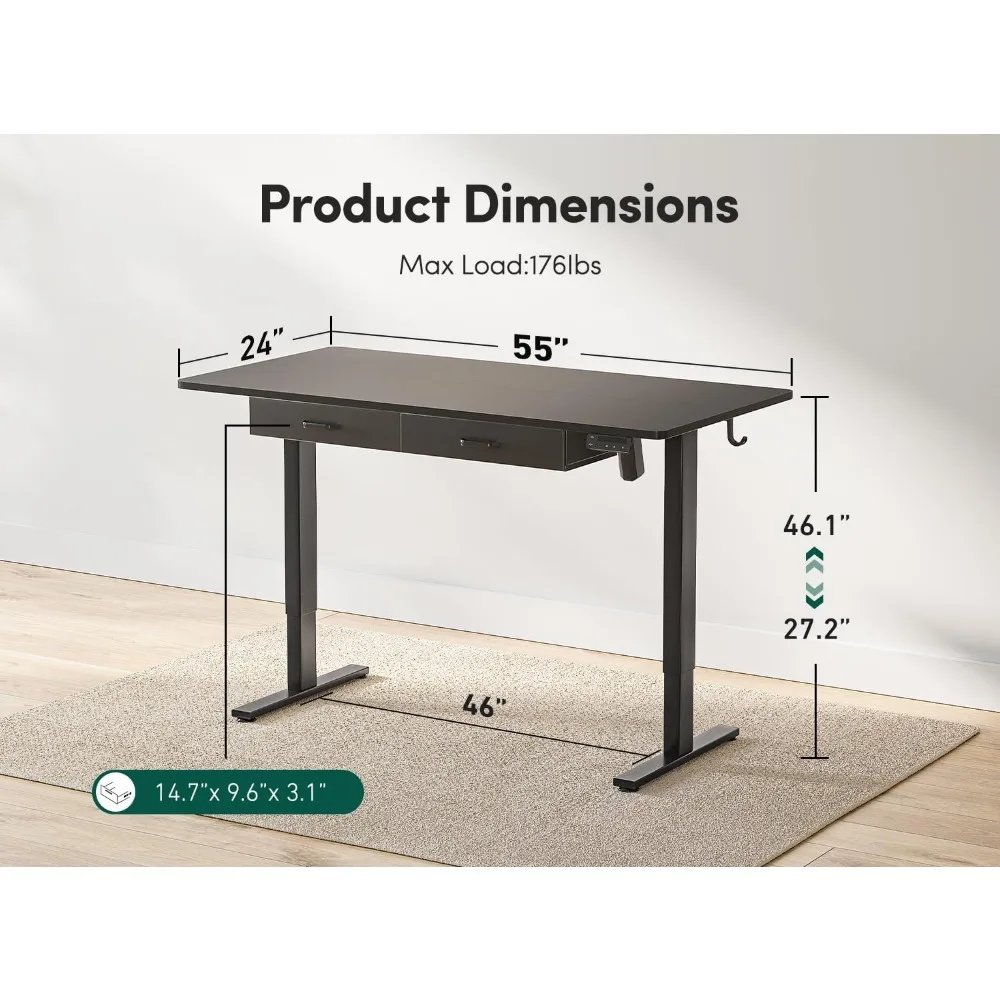 Adjustable Height Electric Standing Desk with Double Drawer, 55 x 24 Inches Stand Up Home Office Desk with Splice Tabletop, Bla