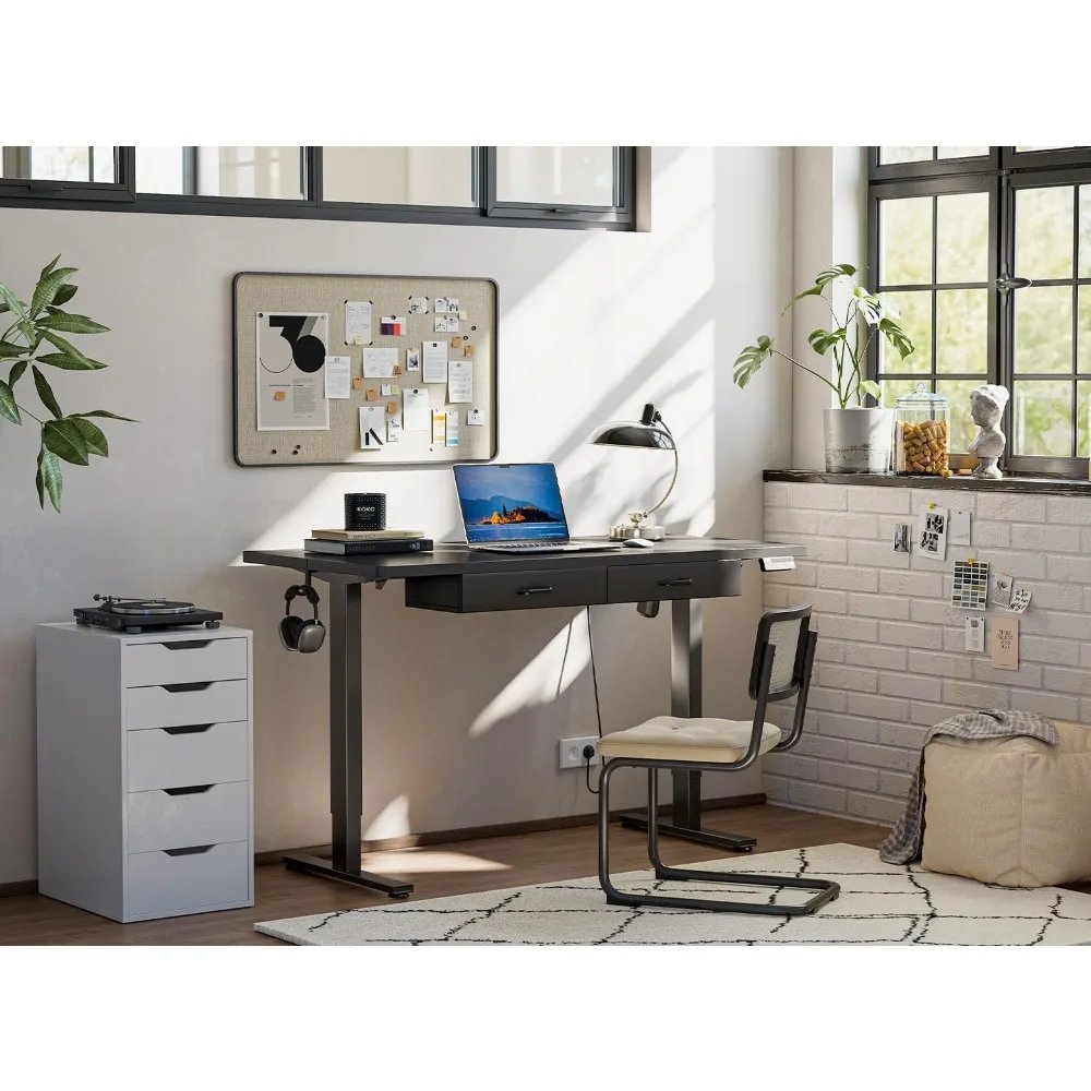 Adjustable Height Electric Standing Desk with Double Drawer, 55 x 24 Inches Stand Up Home Office Desk with Splice Tabletop, Bla