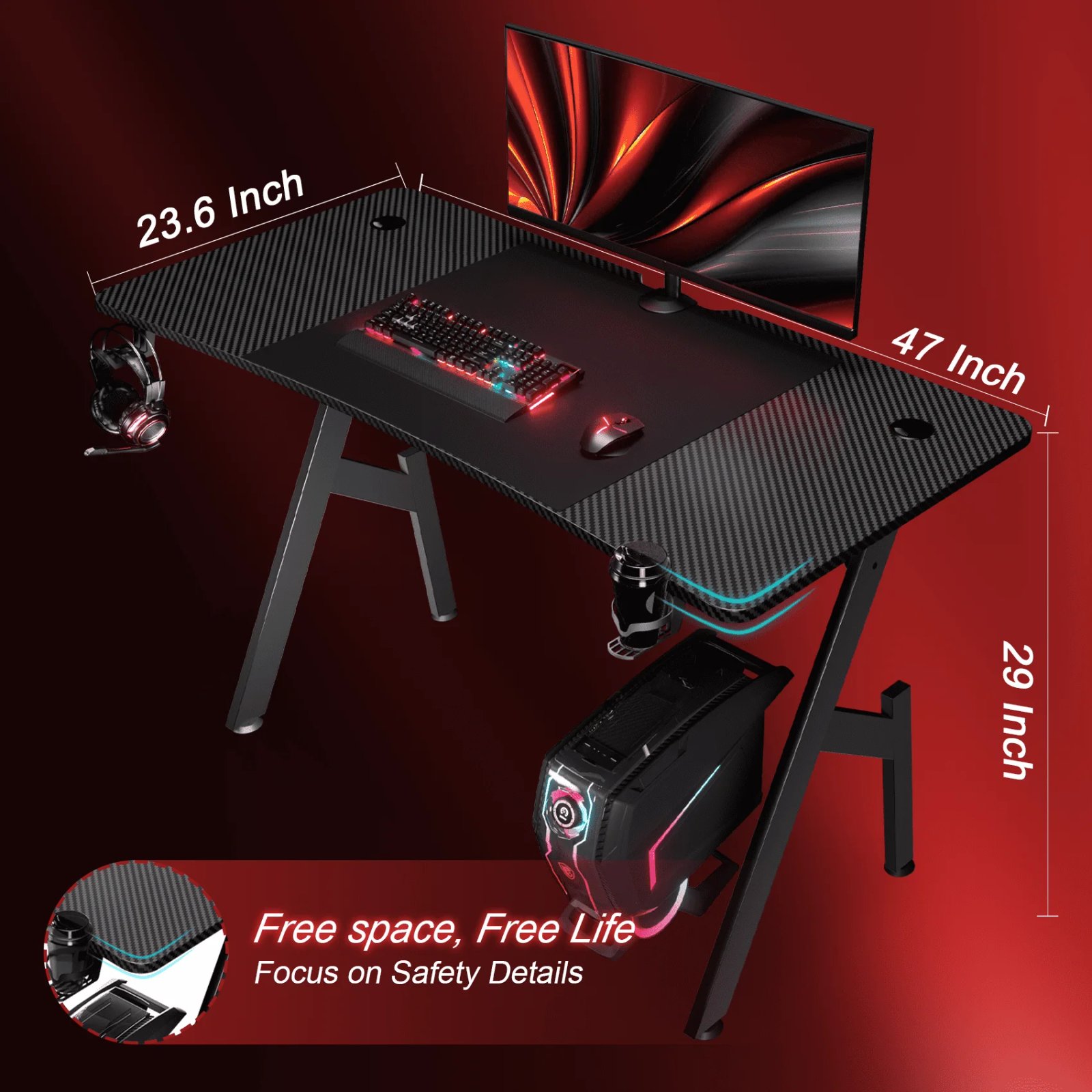47 inch Gaming Desk, Ergonomic Gamer Table, Computer Table, Pc Workstation