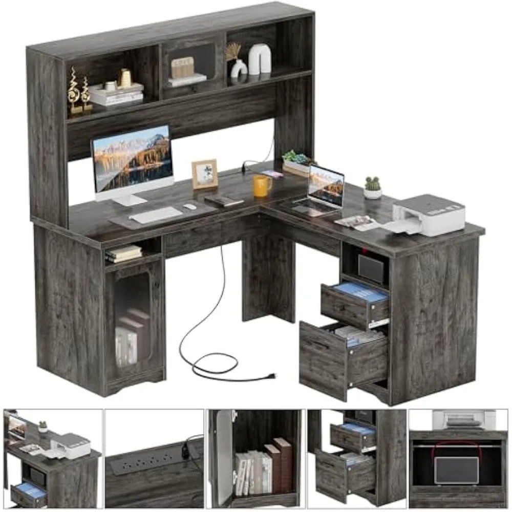L Shaped Desk with Drawers and Hutch, Large Office Desk with Power Outlet and LED Lights, 60 Inch Modern Corner Computer Table