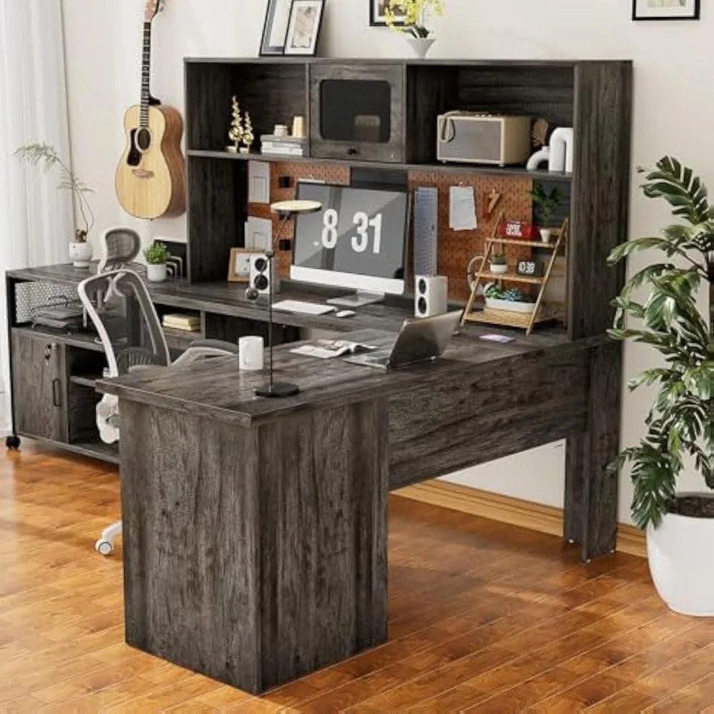 L Shaped Desk with Drawers and Hutch, Large Office Desk with Power Outlet and LED Lights, 60 Inch Modern Corner Computer Table