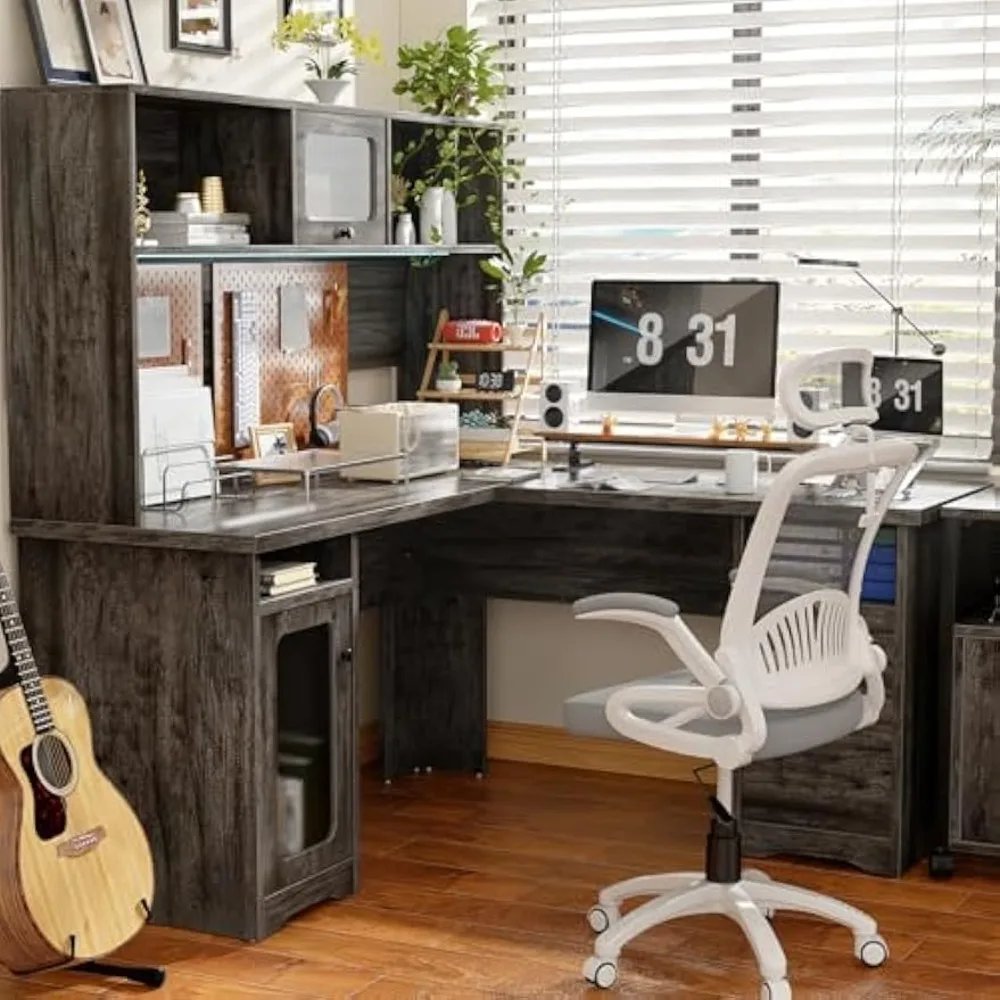 L Shaped Desk with Drawers and Hutch, Large Office Desk with Power Outlet and LED Lights, 60 Inch Modern Corner Computer Table