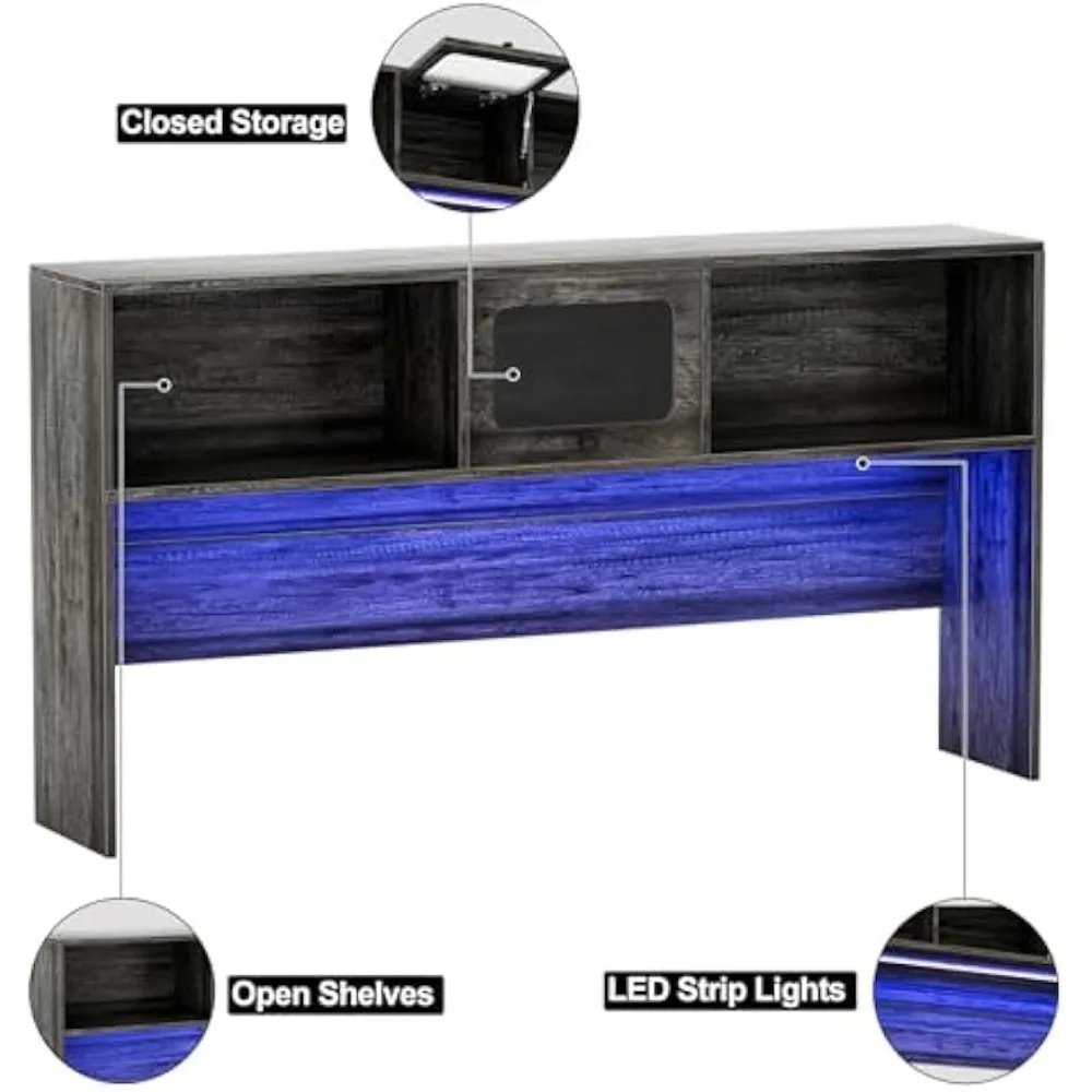 L Shaped Desk with Drawers and Hutch, Large Office Desk with Power Outlet and LED Lights, 60 Inch Modern Corner Computer Table